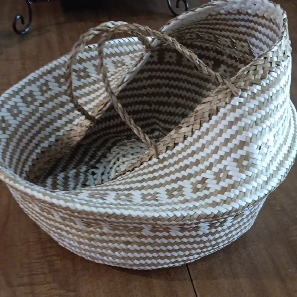 Woven Basket with Handles - Natural and White